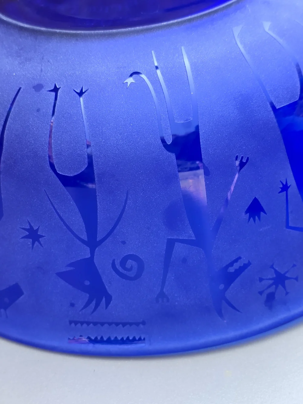Leandra Drumm Etched Blue Glass Bowl with Whimsical Figures 9